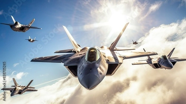 Fototapeta Photograph of a squadron of F-22 Raptors soaring through a crystal-clear azure sky, their sleek metallic bodies gleaming under the midday sun