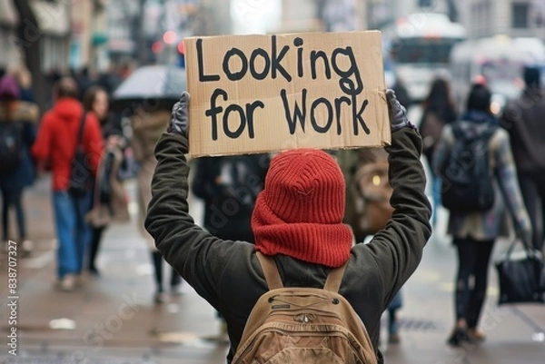 Fototapeta A jobless person holding a sign that reads "Looking for Work" on a busy street