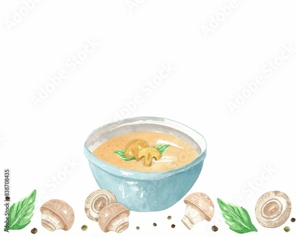 Fototapeta Frame from mushroom puree soup with champignon, basil and pepper. Hand drawn watercolor illustration on white background. Template for design banner, cards, flyers.