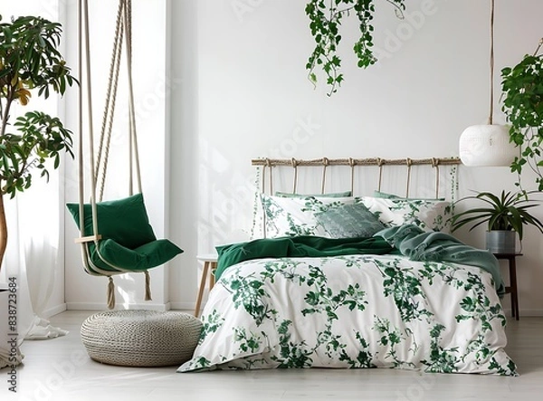Obraz A bright, airy bedroom with white walls and green floral bedding on the bed, complemented in the style of an emerald armchair beside it