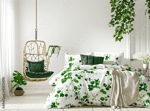 Obraz A bright, airy bedroom with white walls and green floral bedding on the bed, complemented in the style of an emerald armchair beside it