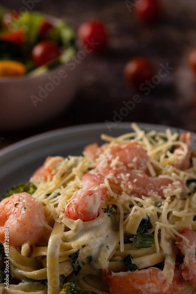 Obraz spaghetti with shrimp and fresh vegetables
