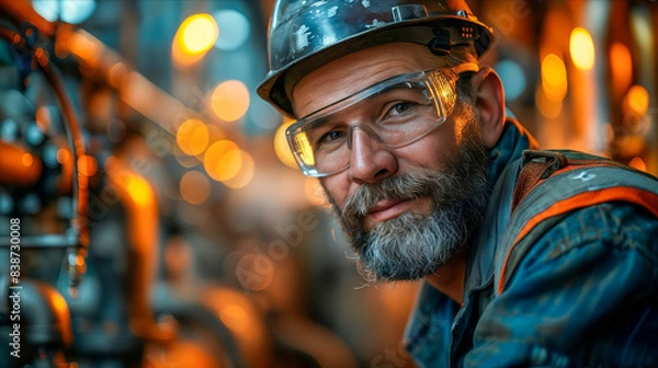 Fototapeta A man in a hard hat and glasses looking at the camera.