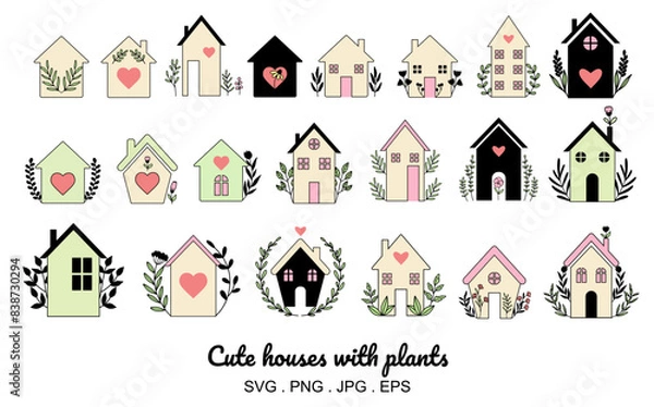 Obraz Vector 21 houses with plants in color, hand-drawn