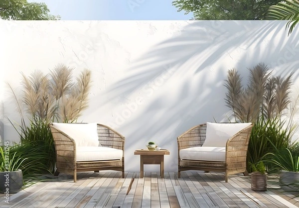 Obraz A modern terrace with two chairs and an armchair on wooden flooring, white wall background, green plants behind the wall, tea table between two chairs, and decorative grass in front of one chair