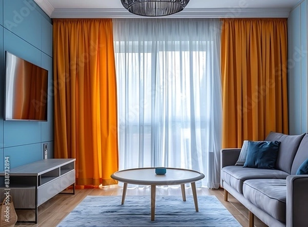Obraz A photo of the interior design of an apartment in blue, gray and orange tones with modern furniture and curtains the window