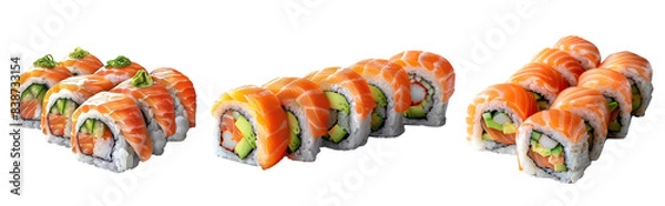 Fototapeta Set of Fresh Sushi Roll with Avocado and Salmon, Cut Out Isolated on Transparent Background