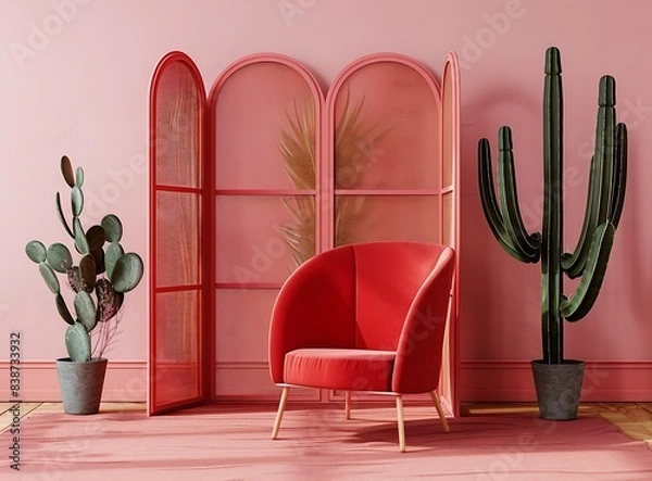 Obraz A pink wall with three decorative room screens in front of it, a red armchair and cacti on the floor