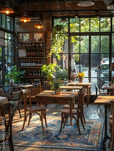 Obraz An open MacBook computer is placed in an empty cafe, high-end and realistic.