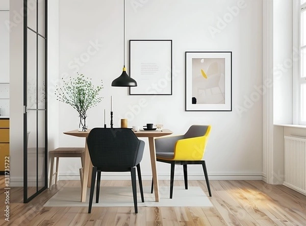 Obraz A simple dining room with white walls, black chairs and a yellow chair in the middle of a wooden table