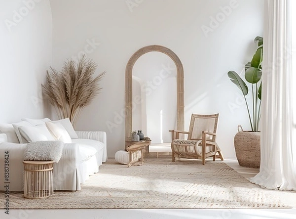 Obraz A white living room with an arched mirror, sofa and armchair in the background, carpet on the floor, 