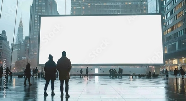 Fototapeta A large white billboard in a city with people walking around it