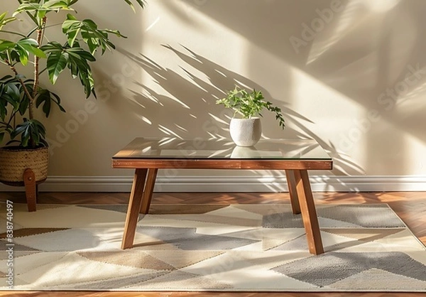 Obraz A wooden coffee table with a glass top, near the wall in sunlight, on which there is an indoor plant and a geometric carpet, in the style of Scandinavian interior design
