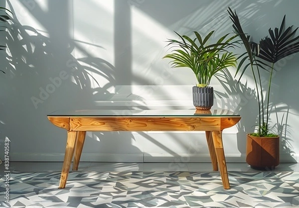 Obraz A wooden coffee table with a glass top, near the wall in sunlight, on which there is an indoor plant and a geometric carpet, in the style of Scandinavian interior design