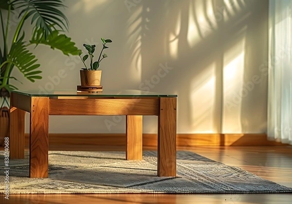 Obraz A wooden coffee table with a glass top, near the wall in sunlight, on which there is an indoor plant and a geometric carpet, in the style of Scandinavian interior design