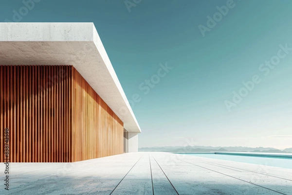 Fototapeta White Building on a blue sky backdrop.Modern concrete architecture.
