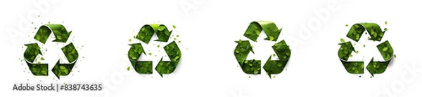 Fototapeta Set of recycling symbols made from grass texture cut out on a transparent background. Concept for recycling bottles or clothes. Design element on ecology theme