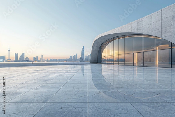 Fototapeta Modern buildings by the lake. The modern urban skyline is in the background.
