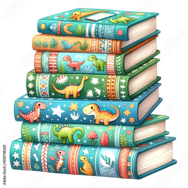 Obraz Stack of books with dinosaur illustrations and nature themes clipart with transparent background