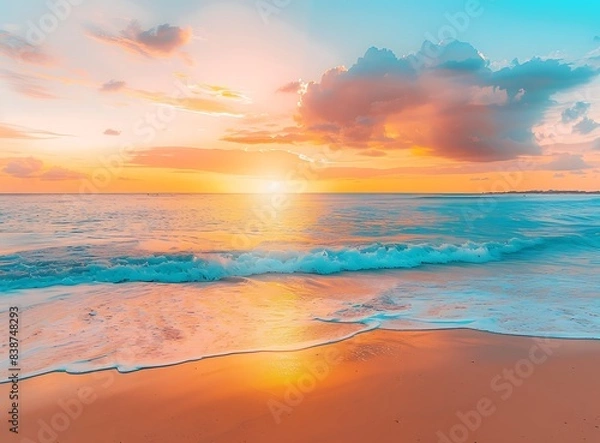 Obraz Beautiful sunset on the beach with golden sand and calm sea, colorful sky in orange, pink, 
