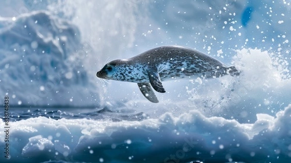 Fototapeta A photograph of a ringed seal, agile and quick, diving into the icy waters of the North Pole, with splashes of water and ice fragments captured in mid-air. The dramatic backdrop of an endless expanse