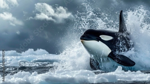 Fototapeta A photograph of an orca, powerful and imposing, breaking through the ice in the North Pole with dramatic splashes, against a backdrop of an endless expanse of ice and snow. Stormy skies overhead,