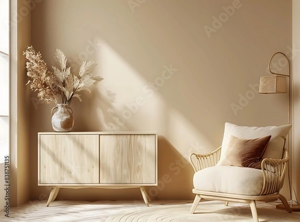 Obraz Beige armchair with a brown pillow and elegant sideboard in the style of a contemporary living room interior of a family home