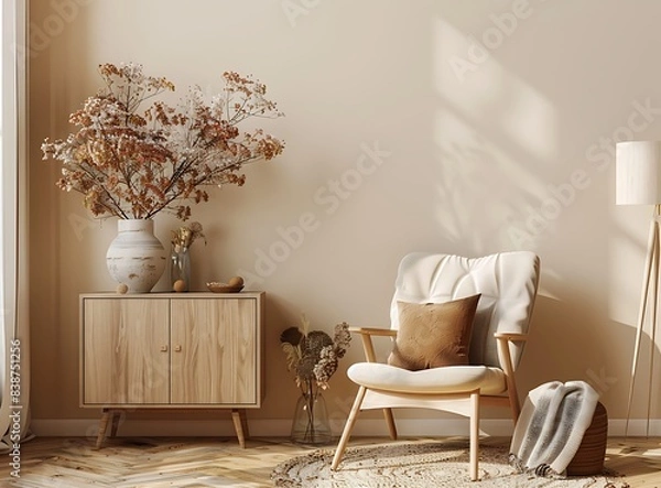 Obraz Beige armchair with a brown pillow and elegant sideboard in the style of a contemporary living room interior of a family home