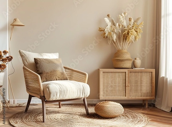 Obraz Beige armchair with a brown pillow and elegant sideboard in the style of a contemporary living room interior of a family home
