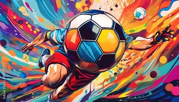 Fototapeta A vibrant digital illustration of a soccer player in dynamic action, with a colorful soccer ball and explosive background. 