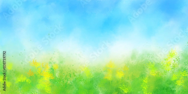 Fototapeta 夏の青空と緑や花をイメージした抽象的な水彩背景イラストレーション