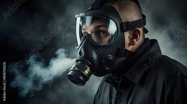 Fototapeta the man in anti gas mask in vapours of gas.generative.ai 