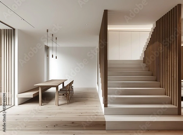Obraz Modern dining room with a wooden staircase and white walls, simple home interior design of a modern living space in the style of a minimalist aesthetic