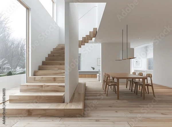 Obraz Modern dining room with a wooden staircase and white walls, simple home interior design of a modern living space in the style of a minimalist aesthetic