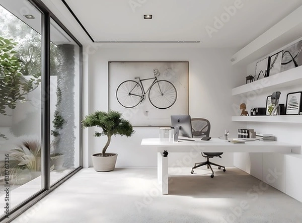 Obraz Modern home office with white walls, a minimalistic desk and a bike on the wall, a large window, a soft carpet floor, minimalist decor with posters and art in the style of various artists