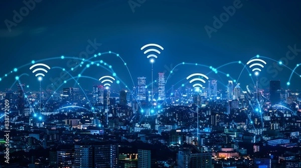 Fototapeta Modern city with wireless network connection