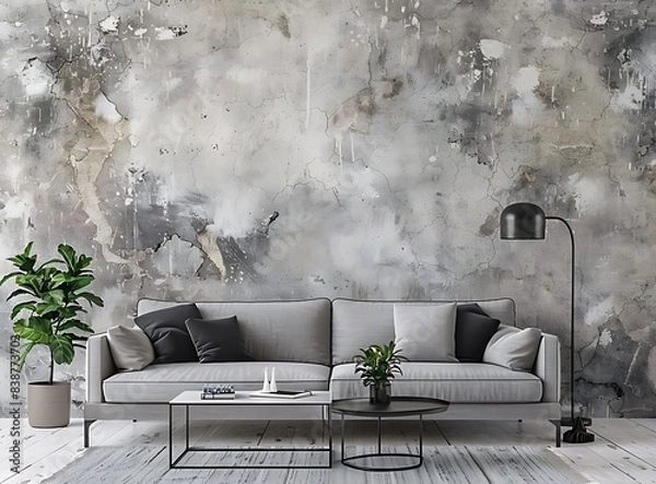 Fototapeta Modern interior of a living room with a grey sofa, coffee table and black lamp in the style of scandinavian