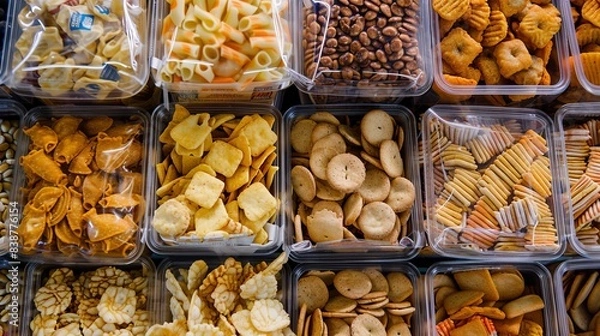 Obraz Packaged snacks high in trans fats, variety on display, top view, demonstrating unhealthy choices, digital tone, vivid