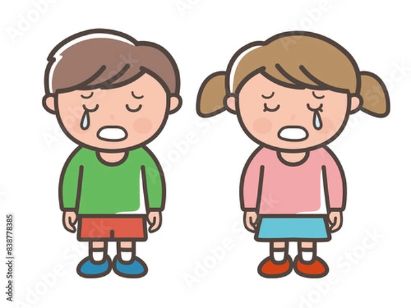 Fototapeta 悲しくて泣く男の子と女の子の全身イラスト（小学生、幼児、子供）