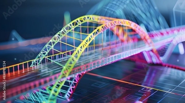 Fototapeta a detailed simulation of a bridge under stress, with colorful visualizations showing how different forces and vibrations impact its structural integrity, using finite element analysis