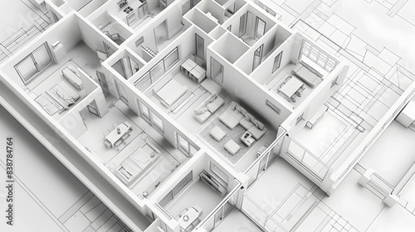 Obraz  a detailed floor plan showcasing distinct zones, such as private bedrooms, semi-private home offices, and public living areas, designed to optimize space utilization and privacy