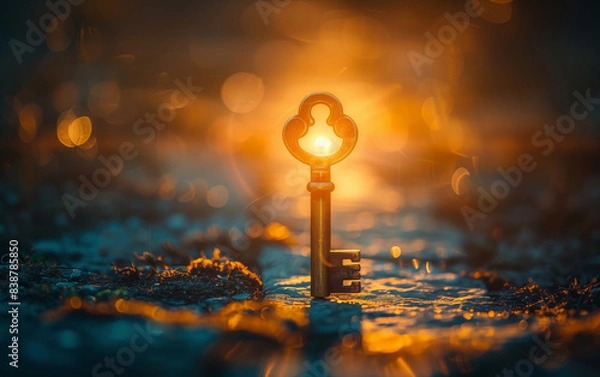 Fototapeta Vintage key glowing with enchanting light on mossy ground, creating a magical and surreal atmosphere with warm colors and bokeh effects.