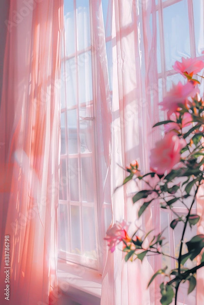 Fototapeta Photo of pink sheer curtains in front of large windows, outside is a sunny day, in a pastel style, with lighting and roses. Summer spring flower aesthetic.