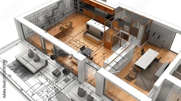 Fototapeta  the creation of detailed technical drawings and documentation within CAD software, including floor plans, elevations, sections, and assembly instructions 
