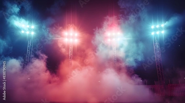 Obraz Bright stadium arena lights, Smoke bombs, empty dark scene, neon light,