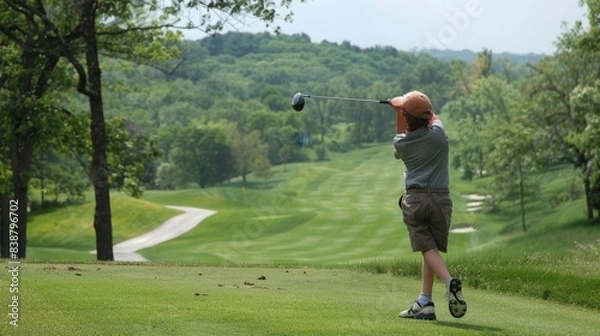 Fototapeta Joyful Day on the Golf Course: A Golfer Enjoying a Day of Practicing Swings and Putting Perfectly on the Green Fairway