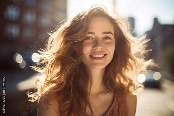 Fototapeta A woman with long red hair is smiling and looking at the camera