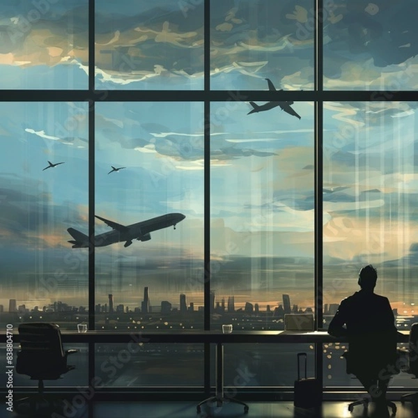 Fototapeta A businessman at an international airport, with a laptop, coffee, and a cityscape through large windows. Silhouette of a person at the airport.