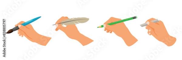 Fototapeta Set of different hands holding different objects in cartoon style. Vector illustration of hands holding paint brush, bird feather, green pencil with eraser, white chalk isolated on white background.