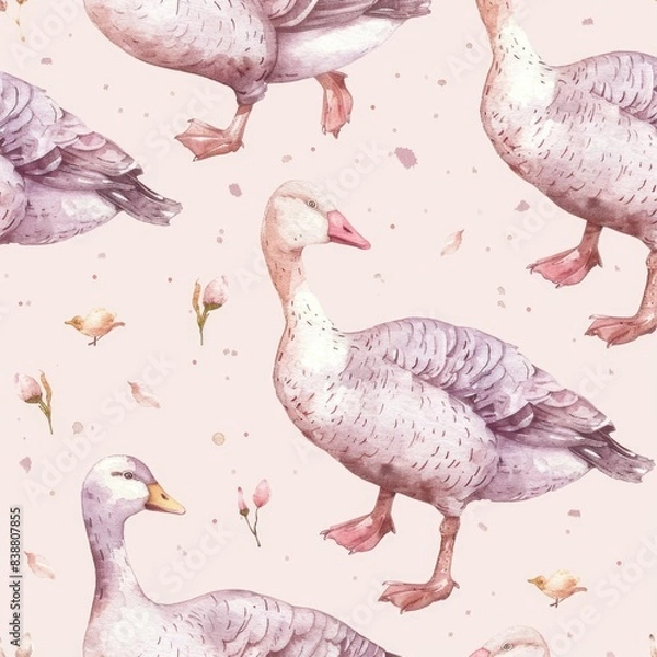 Fototapeta Watercolor seamless pattern with goose bird. Repeat pattern pastel color. Tender watercolor hand drawn illustration on a isolated on background